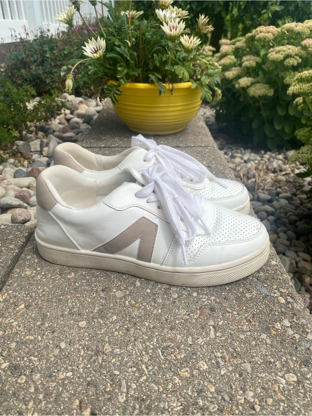 🌈 MIA White Sneakers with Taupe Accent - Women's Casual Lace-Up